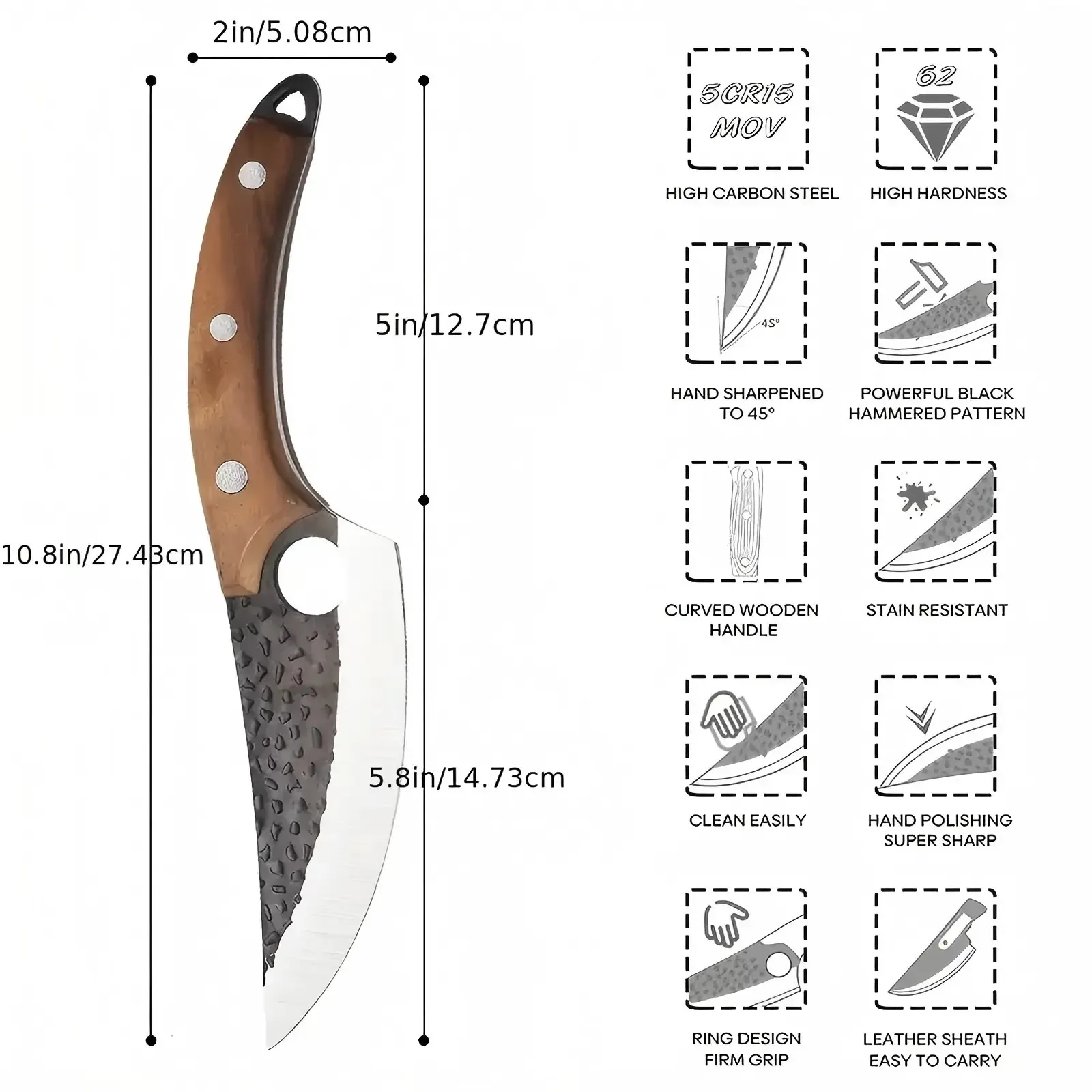 Hand Hammered Forged Boning Knife 5CR15 Stainless Steel Utility Knife with Hanging Hole for Easy Storage
