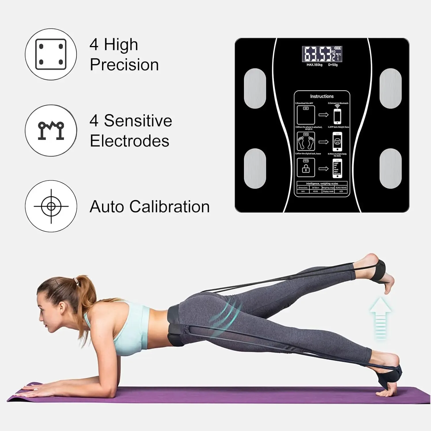 Smart Bluetooth Body Fat Scale with USB Charging, 180kg High Precision Body Composition Monitor for Weight, Fat, Muscle and Water Tracking, Sync with Health Apps