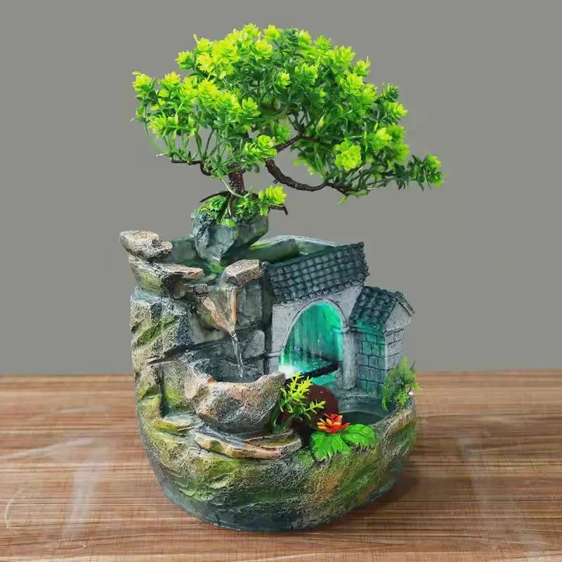 Desktop Water Fountain with LED Rain Curtain, Feng Shui Water Wheel and Artificial Bonsai Tree for Home Office Decor