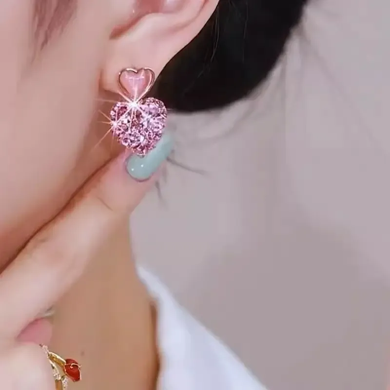 Elegant Pink Heart Crystal Earrings for Girls Dainty Love Studs Fashion Jewelry for He