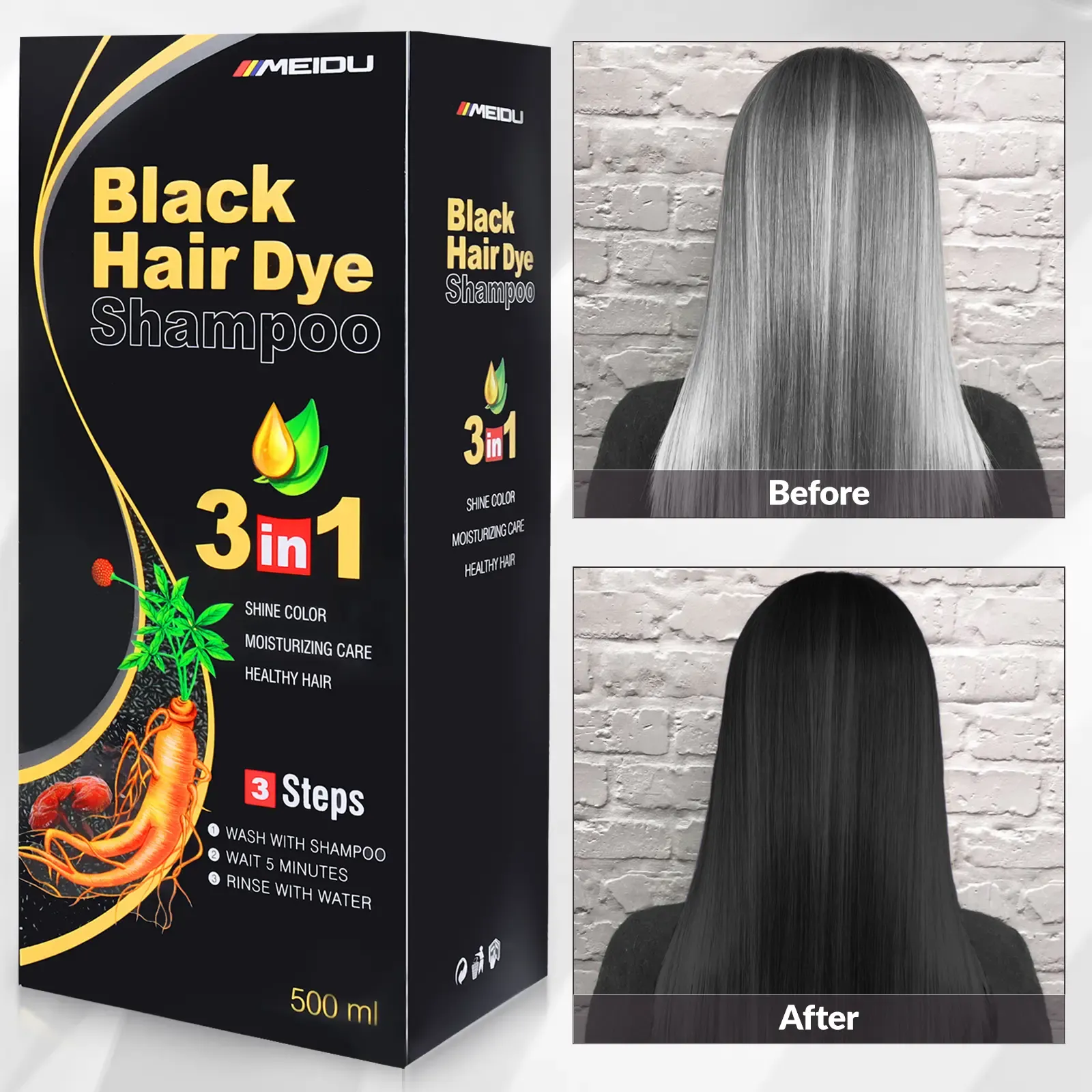 3 in 1 Black Hair Dye Shampoo Natural Herbal Permanent Hair Color for Gray Hair Coverage with Ginseng Hair Mask Best Gift for Parents