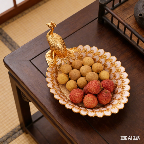Decorative Golden Peacock Fruit Plate Snack Storage Tray for Home and Party Use