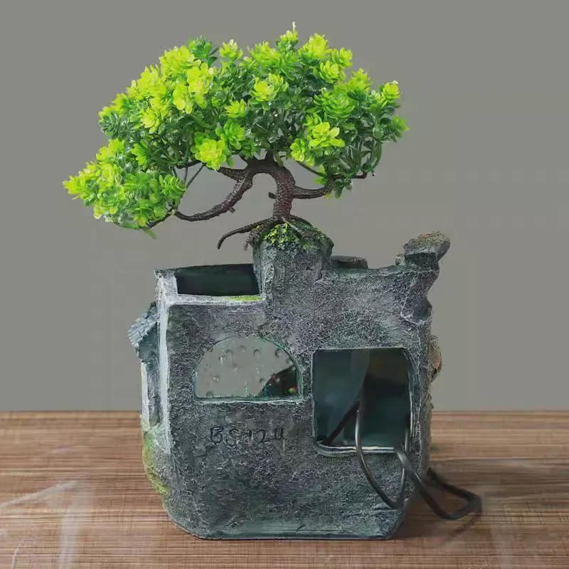 Desktop Water Fountain with LED Rain Curtain, Feng Shui Water Wheel and Artificial Bonsai Tree for Home Office Decor