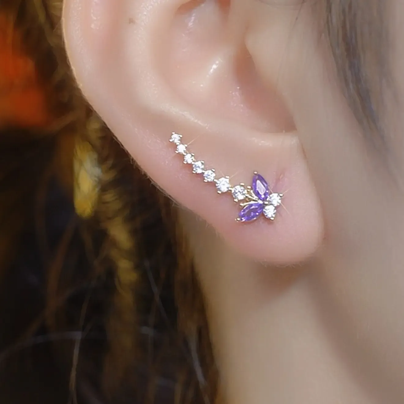 Purple Butterfly Crystal Ear Climber Earrings for Women Dainty Gold Plated Crawler Earrings