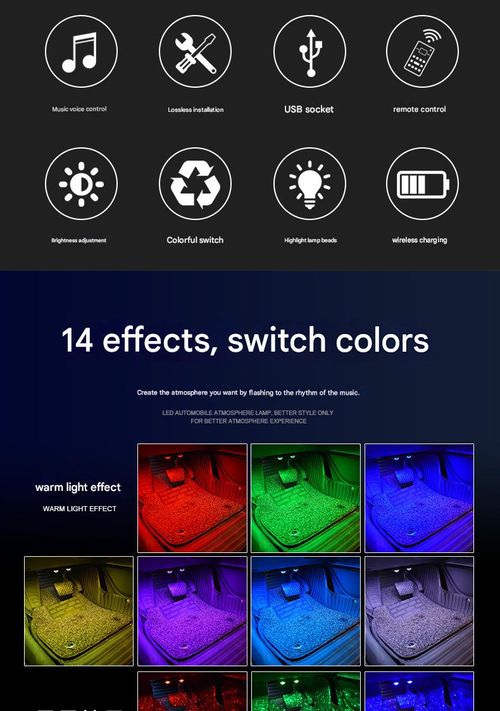 Car Footwell Atmosphere Light Wireless Charging 14 Effects Remote Sound Control Magnetic Mount