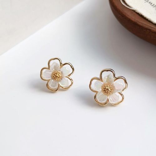 Delicate Five Petal Flower Earrings with Pearl Shell Finish