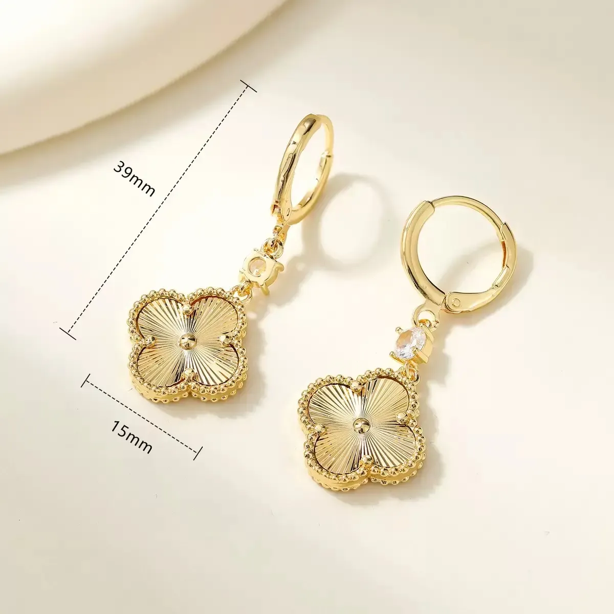 Luxury Gold Plated Four Leaf Clover Dangle Hoop Earrings with Brilliant Crystal for Women