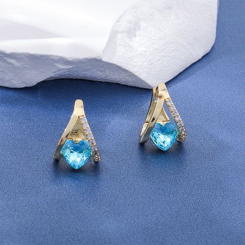 Gold Hoop Earrings with Blue Heart Gemstone and Clear Rhinestone Trim