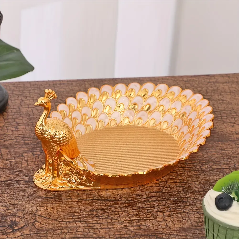 Decorative Golden Peacock Fruit Plate Snack Storage Tray for Home and Party Use