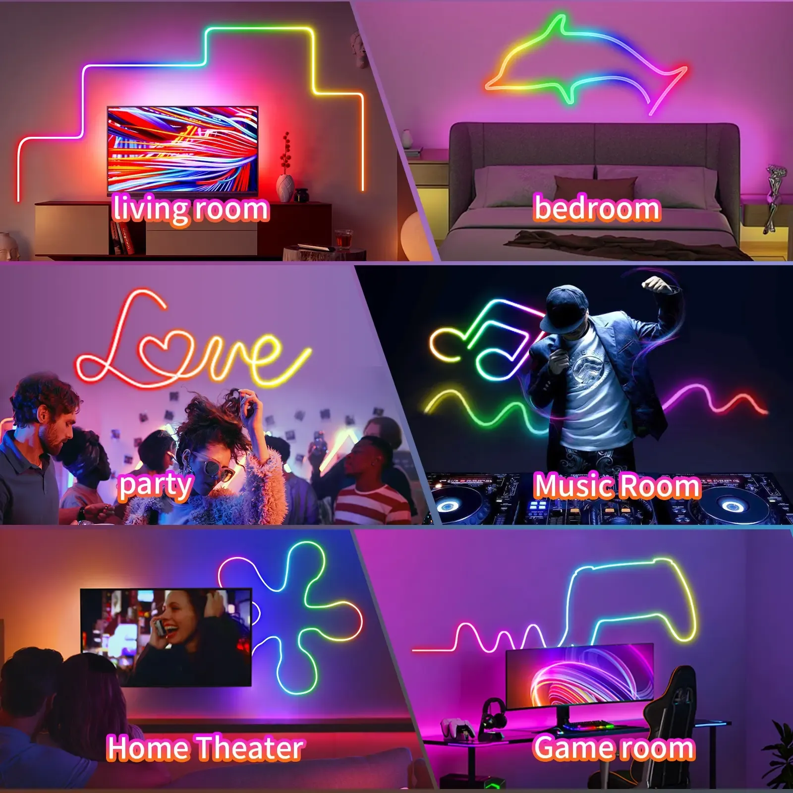 RGB LED Neon Rope Lights with App Control Music Sync Flexible Color Changing Lighting for Bedroom Living Room Party Gaming Room