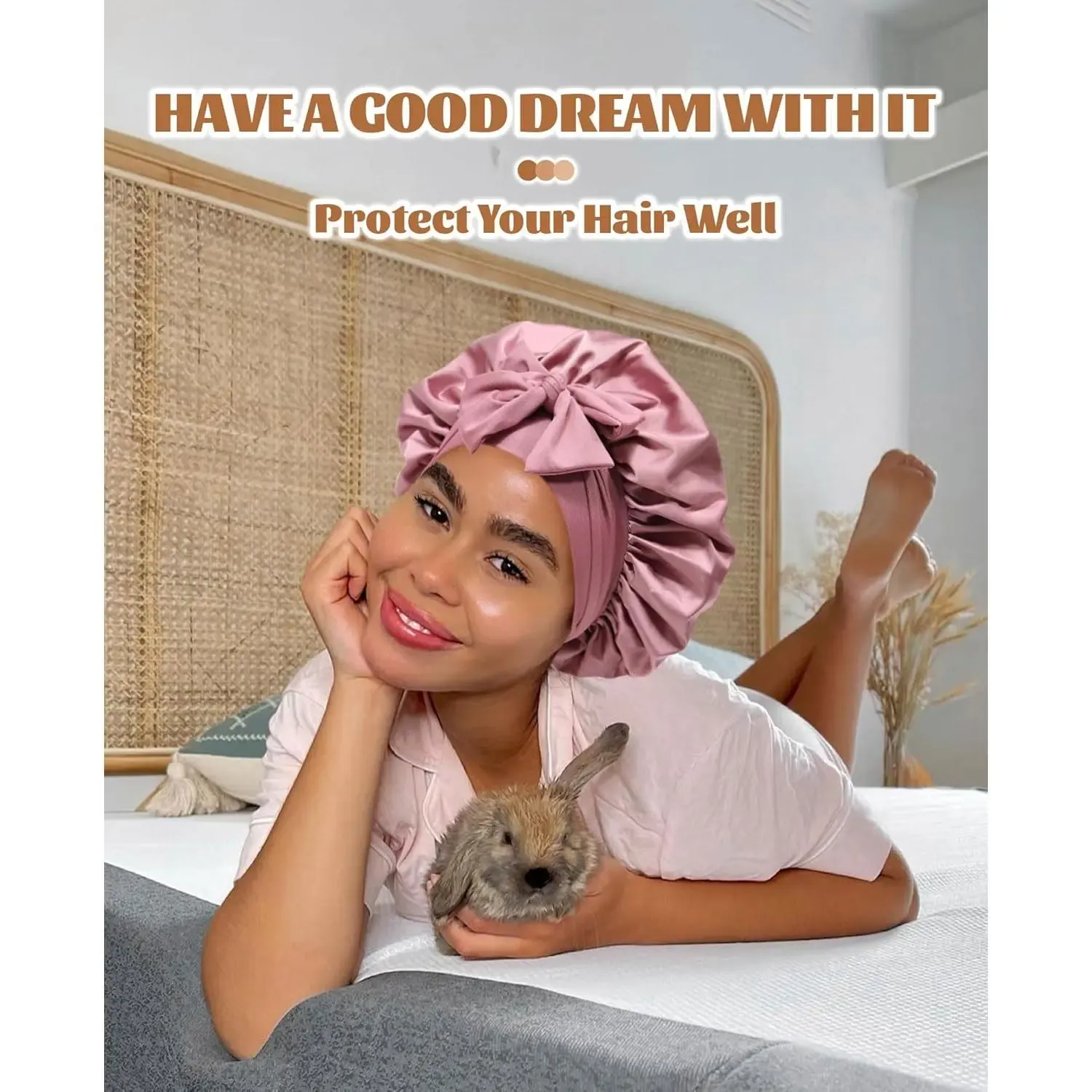 Reversible Satin Bonnet with Tie Band Double Layer Hair Care Cap for Sleeping Shower and Daily Use