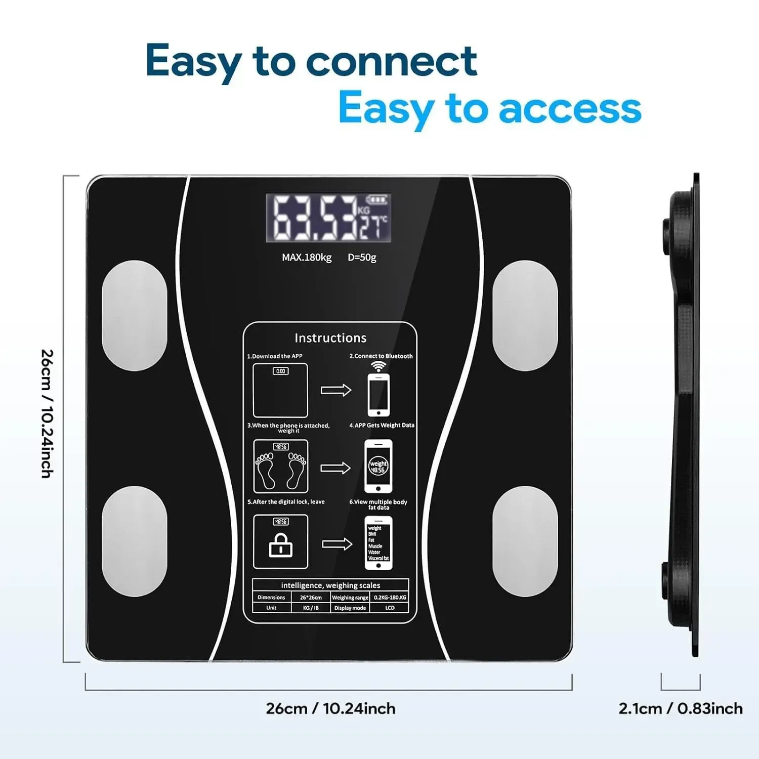 Smart Bluetooth Body Fat Scale with USB Charging, 180kg High Precision Body Composition Monitor for Weight, Fat, Muscle and Water Tracking, Sync with Health Apps