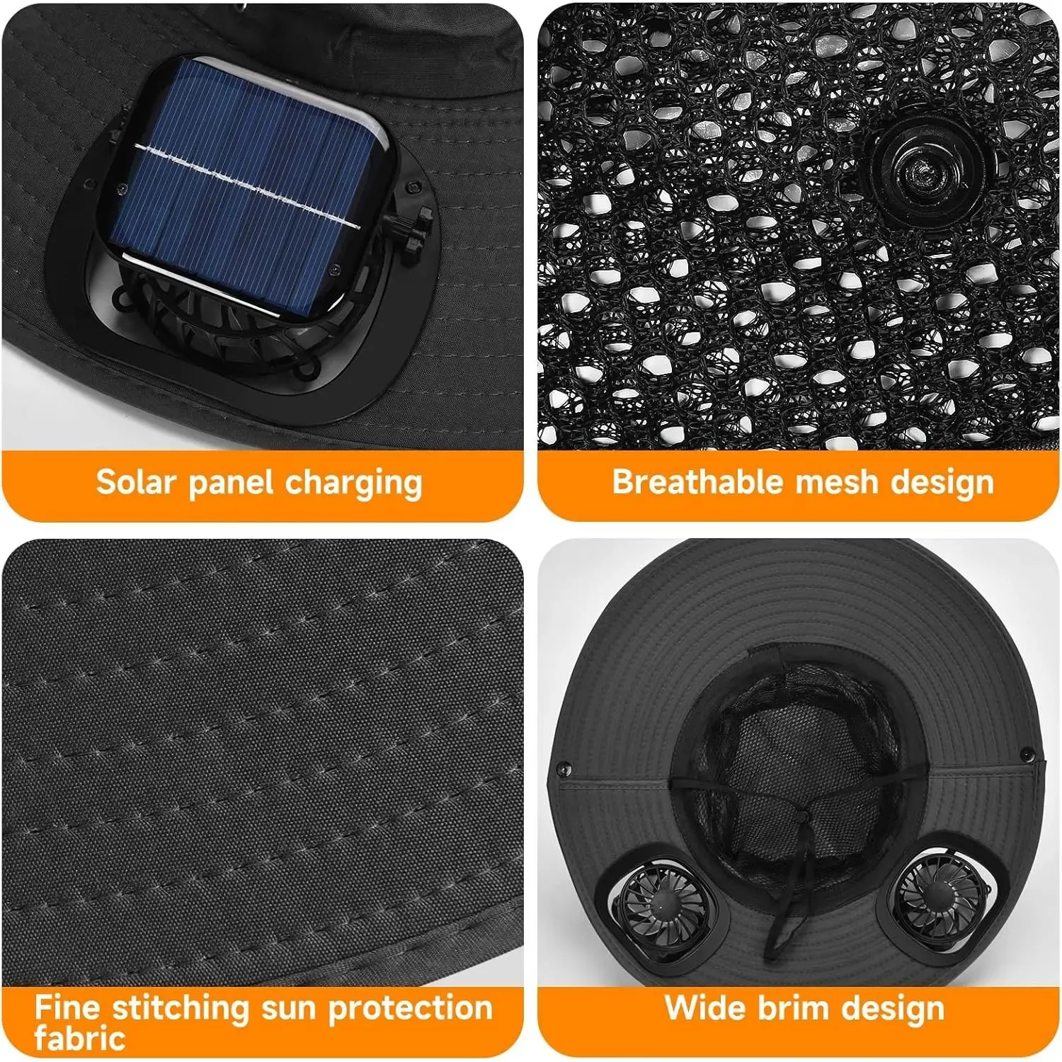 USB & Solar Rechargeable Cooling Hat with Detachable Fans for Hot Weather