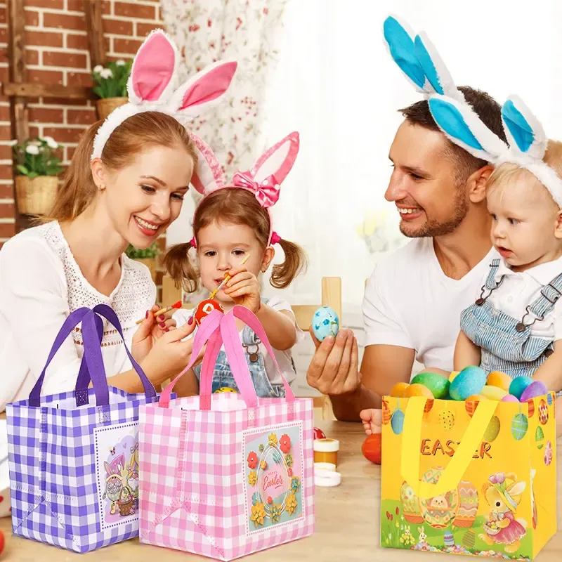Easter Non Woven Tote Bag Reusable Easter Egg Hunt Gift Bag with Handles for Kids Party Favors