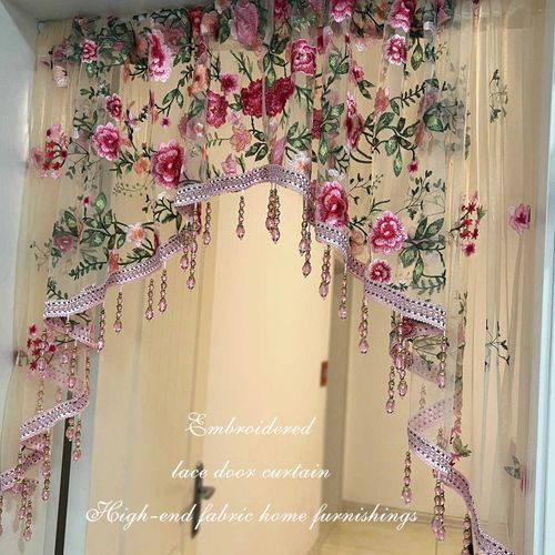 No Drill 2 Panels Embroidered Lace Door Curtain with Adjustable Telescopic Rod 60 to 110cm