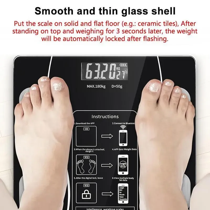 Smart Bluetooth Body Fat Scale with USB Charging, 180kg High Precision Body Composition Monitor for Weight, Fat, Muscle and Water Tracking, Sync with Health Apps
