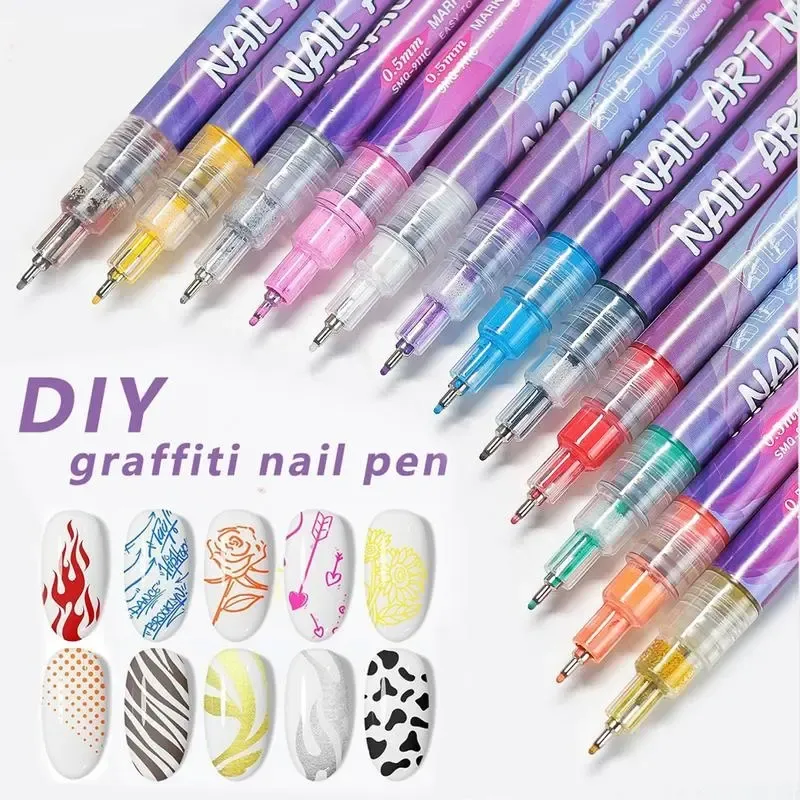 12 Colors Nail Art Markers 0.5mm Fine Tip Water-Based Quick Dry Nail Graffiti Pens for DIY Nail Art Design