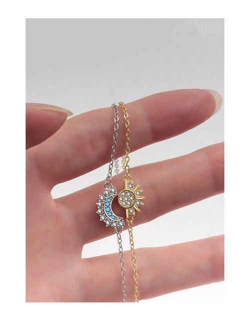 Two Tone Sun and Moon Layered Bracelet with Crystal Embellishments