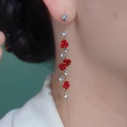 Red Rose Flower Crystal Dangle Earrings Long Drop Earrings for Party Wedding