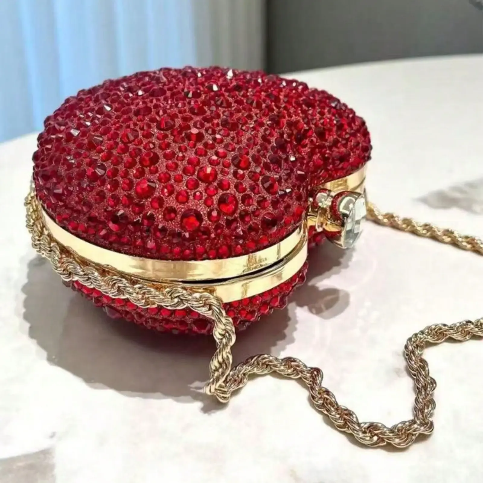 Red Heart Shape Crystal Clutch Purse for Women Evening Party