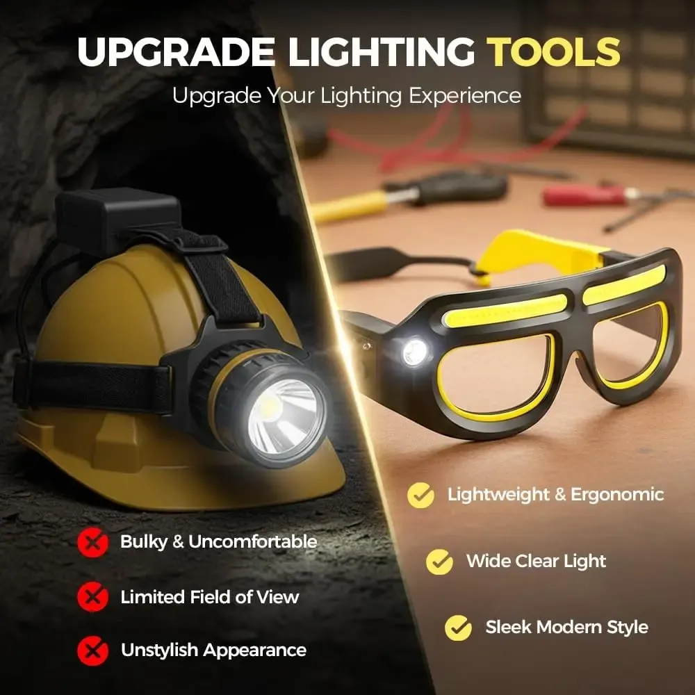 Hands Free LED Headlamp Glasses 5 Modes COB XPE Work Light Waterproof Rechargeable Safety Glasses for Repair Hiking Cycling