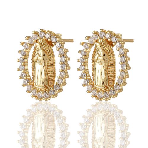 Gold Plated Virgin Mary Stud Earrings with Sparkling Crystal Surround