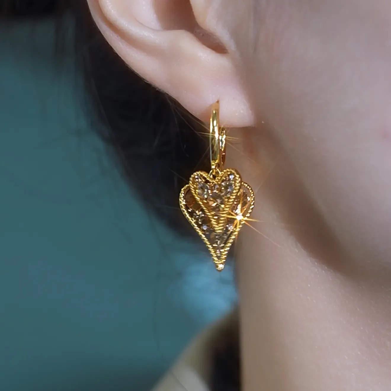 Luxury Gold Double Heart Crystal Drop Earrings for Women