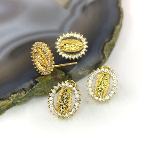 Gold Plated Virgin Mary Stud Earrings with Sparkling Crystal Surround