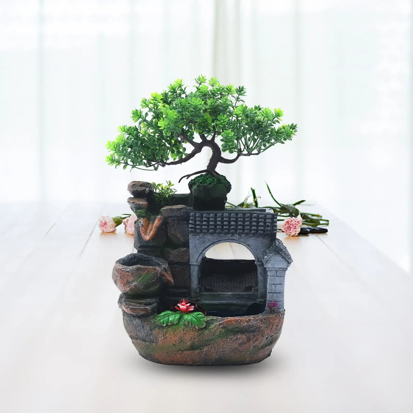 Desktop Water Fountain with LED Rain Curtain, Feng Shui Water Wheel and Artificial Bonsai Tree for Home Office Decor