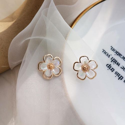 Delicate Five Petal Flower Earrings with Pearl Shell Finish