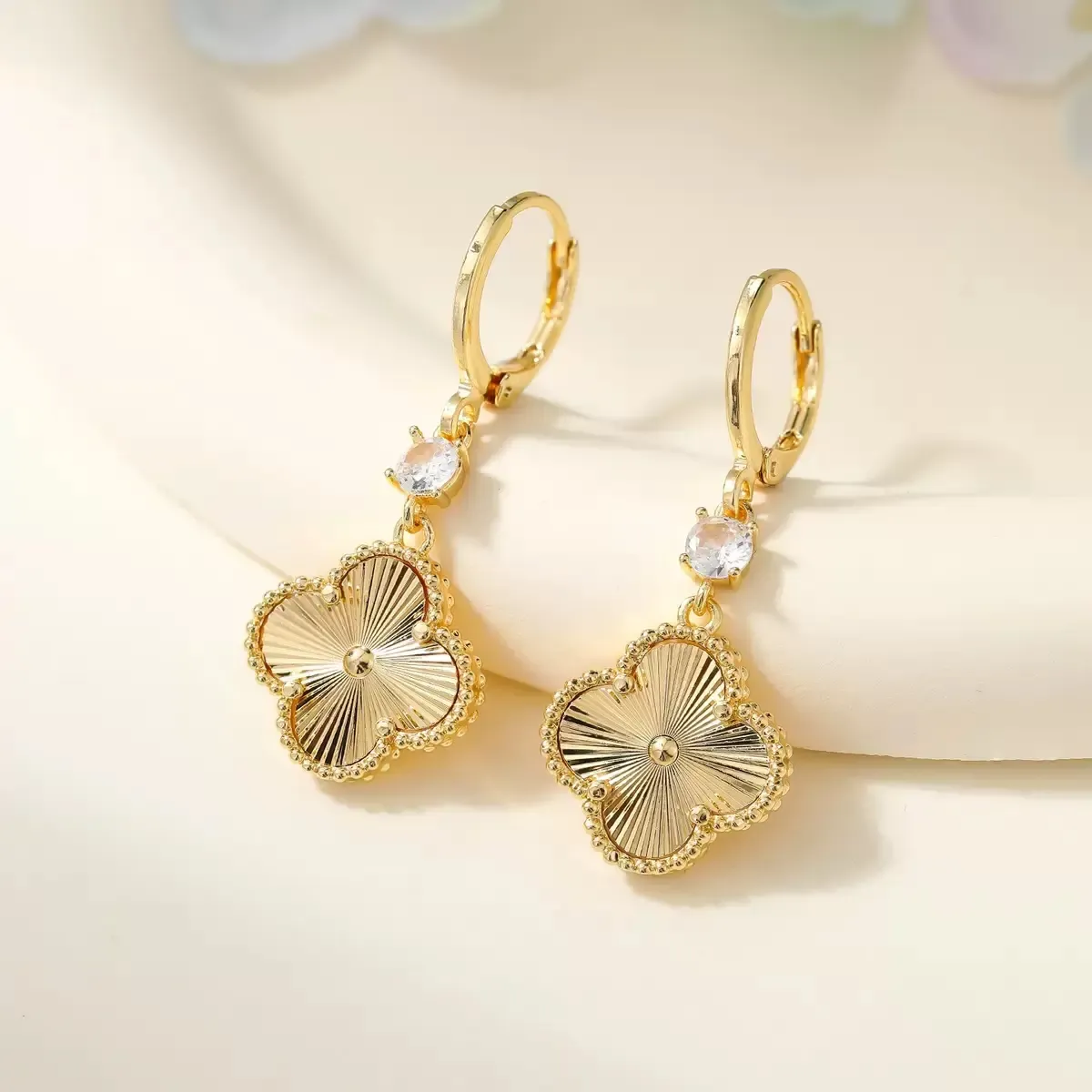 Luxury Gold Plated Four Leaf Clover Dangle Hoop Earrings with Brilliant Crystal for Women