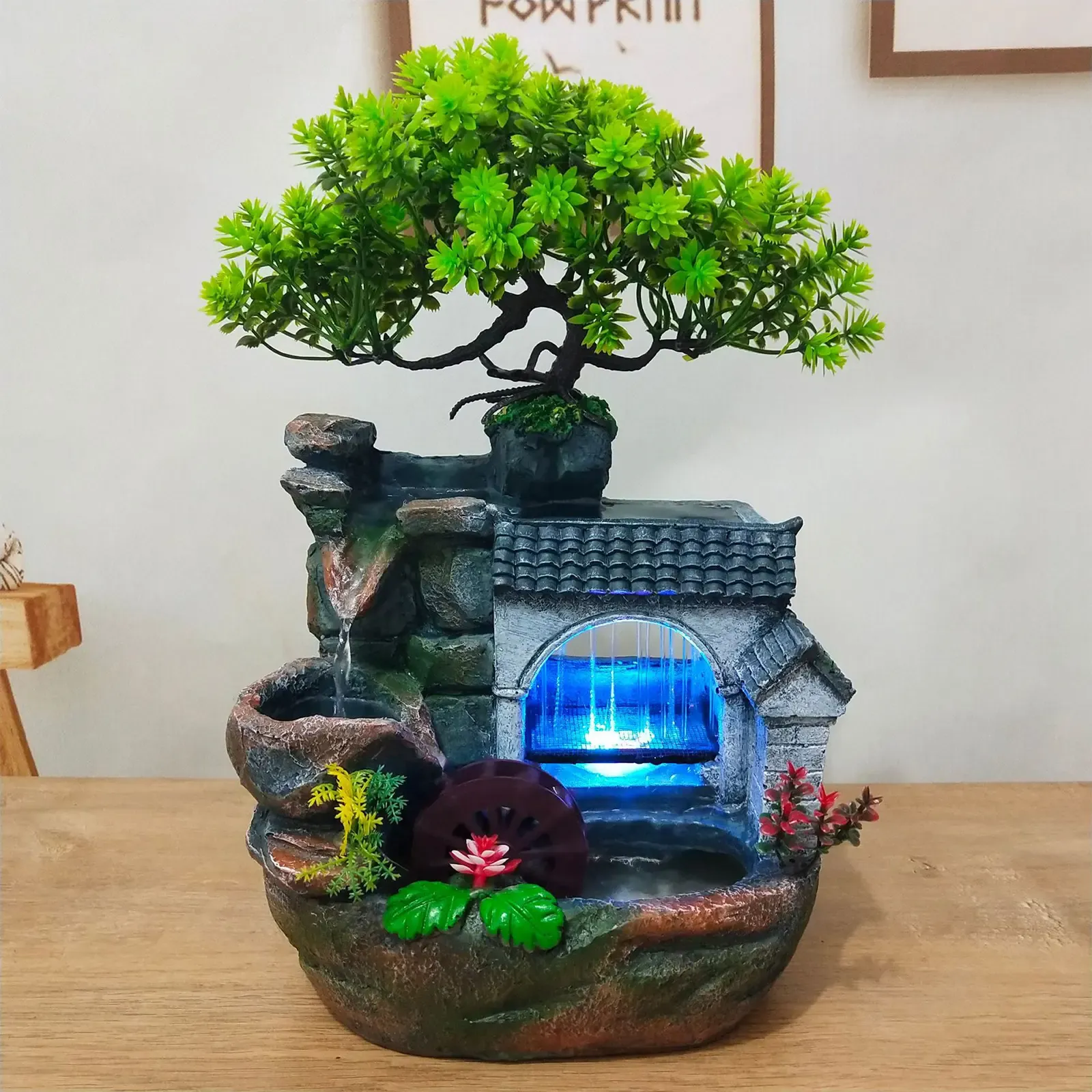 Desktop Water Fountain with LED Rain Curtain, Feng Shui Water Wheel and Artificial Bonsai Tree for Home Office Decor