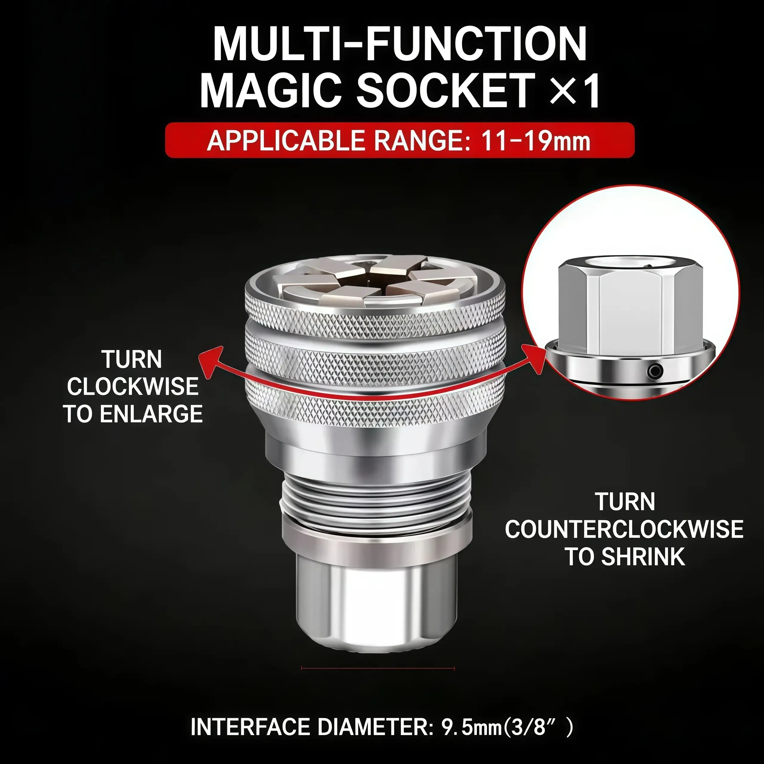Universal Magic Socket Tool 11-19mm Adjustable Wrench with 38 Adapter for Electric Drill and Ratchet Wrench
