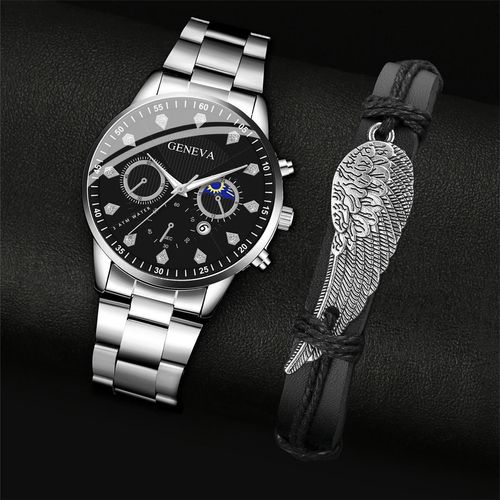 2PCS Set Fashion Men's Business Calendar Watches Men Casual Silver Bracelet Wings Bangle Stainless Steel Quartz Wrist Watch