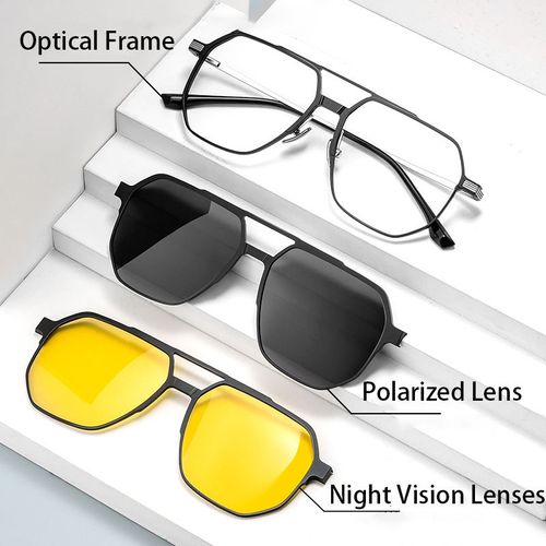 55mm 3 in 1 Men Fashion Square Aluminum Magnesium Glasses Frame With Polarized Clip on Sunglasses Pure Titanium Legs 9906