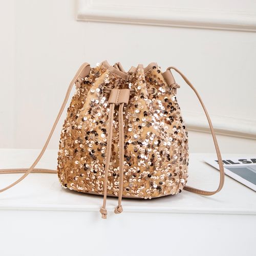 Women Fashion Sequin Drawstring Chain Shoulder HandBag Simple Pumping Mini Bling Bucket Purses Ladies