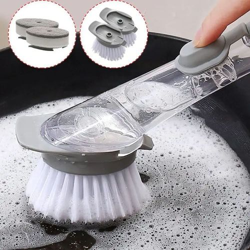 Kitchen Dish Cleaning Sponge Brush Liquid Filling Press Type Pot Cleaning Brush Soap Dispensing Pot Scrubber with Long Handle