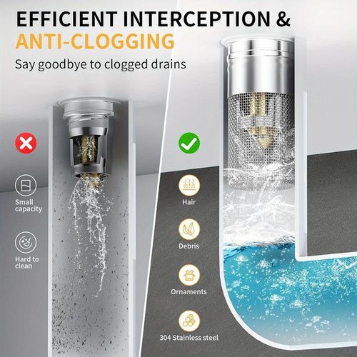 (2pcs 1set）Universal pop-up sink drain filter with hair collector and stainless steel filter basket and brass drain plug.