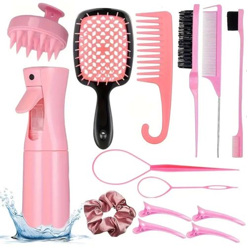 （14pcs 1set）plastic detangling comb set, including spray bottle, edge comb and taper comb.