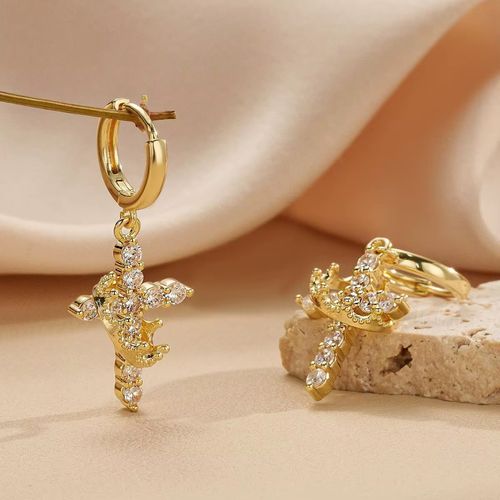 Luxury Diamond Crown & Cross Earrings