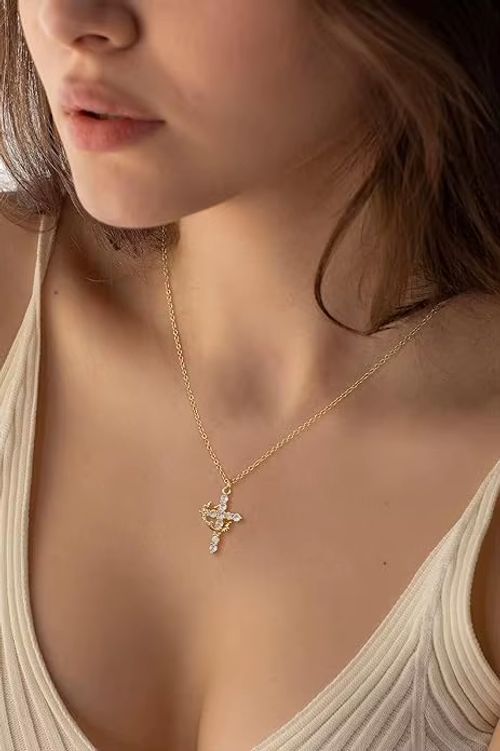 Diamond Crown Cross Necklace