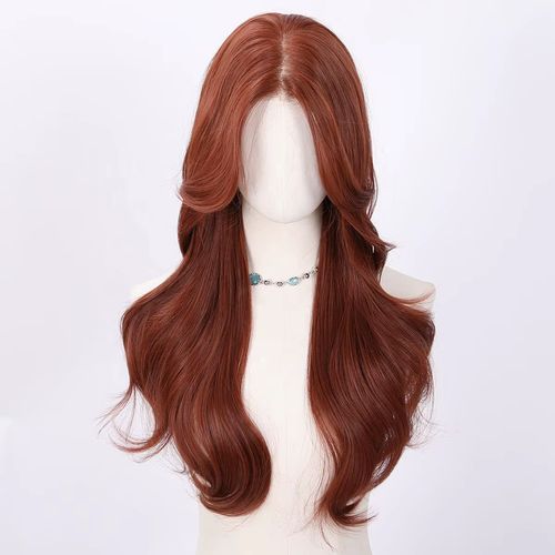 60cm caramel reddish-brown wavy wig, women's lace frontal long curly hair, middle parted natural wave full wig
