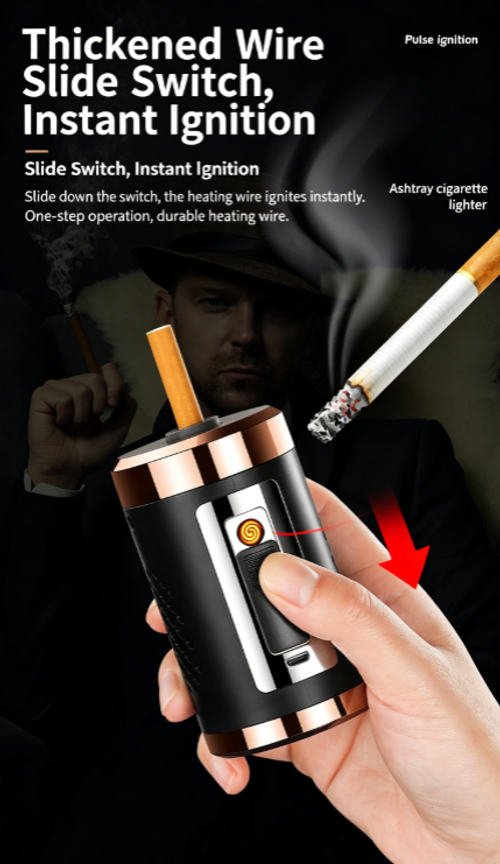 Skafil Portable outdoor travel ashtray with one-button ignition lighter, men's car ashtray and USB rechargeable electric lighter.