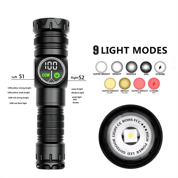 HB-209 Ultra-bright, high-lumen tail magnet, long-range Cob telescopic zoom USB rechargeable white LED flashlight, tactical flashlight