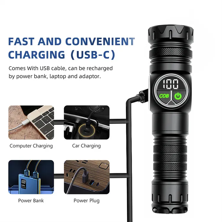 HB-209 Ultra-bright, high-lumen tail magnet, long-range Cob telescopic zoom USB rechargeable white LED flashlight, tactical flashlight