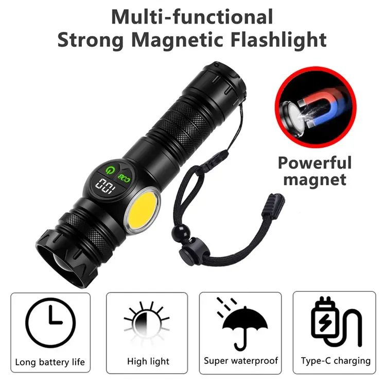 HB-209 Ultra-bright, high-lumen tail magnet, long-range Cob telescopic zoom USB rechargeable white LED flashlight, tactical flashlight