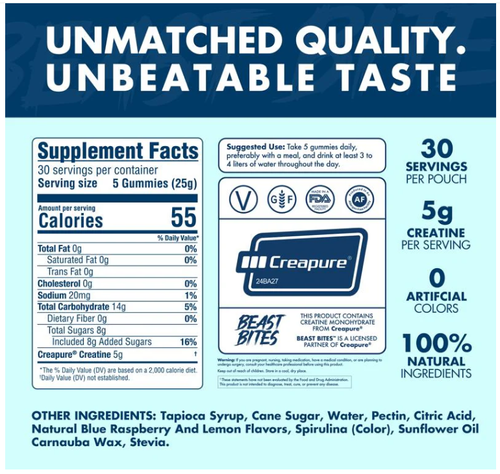 BEAST BITES - Creatine Infused Gummies - 5g Creapure Creatine Monohydrate Per Serving - NSF Certified for Sport