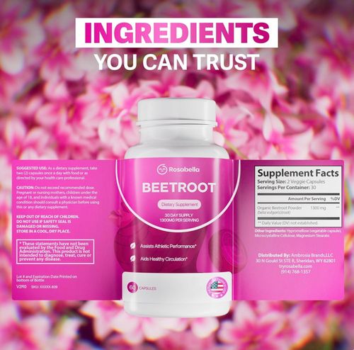 Rosabella Organic Beet Root Capsules - 1300mg Beet Root Powder Aids Healthy Circulation & Vitality, Non-GMO, Beet Root Supplement - 60 Capsules, 30-Day Supply