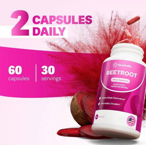 Rosabella Organic Beet Root Capsules - 1300mg Beet Root Powder Aids Healthy Circulation & Vitality, Non-GMO, Beet Root Supplement - 60 Capsules, 30-Day Supply