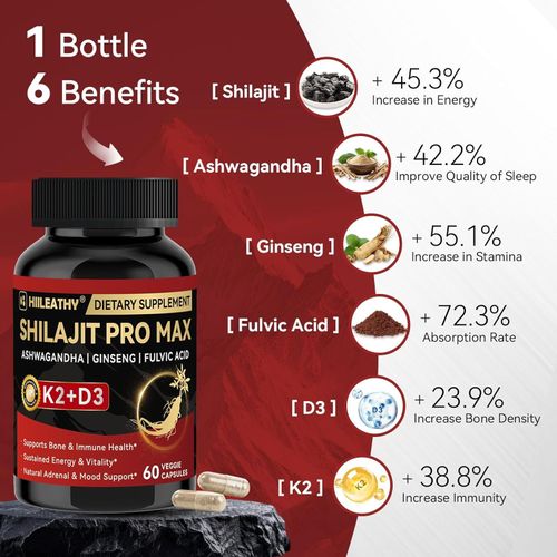 Shilajit Vitamin D3 K2, Shilajits for Men Fulvic Acid Ashwagandha Ginseng Root, Shilajits for Extra Power Stamina Immune Support